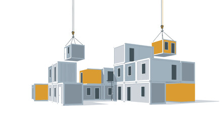 Fototapeta premium Modular Construction Site with Shipping Container Homes and Industrial Cranes Isolated on White Background