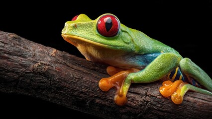 Naklejka premium Red-Eyed Tree Frog sitting on a branch against a black background