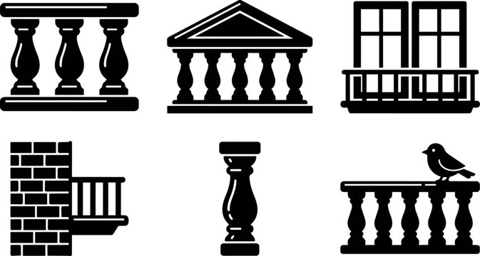 Black and white balustrade and balcony vector icons with bird and brick wall