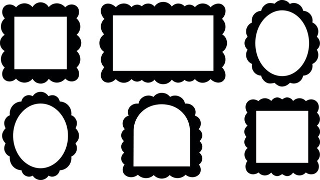 Black scalloped edge frames set six different shapes vector art