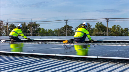 Fototapeta premium Two workers in safety gear installing solar panels on a rooftop, highlighting renewable energy, sustainability, and the integration of skilled labor in setting up efficient solar power systems.