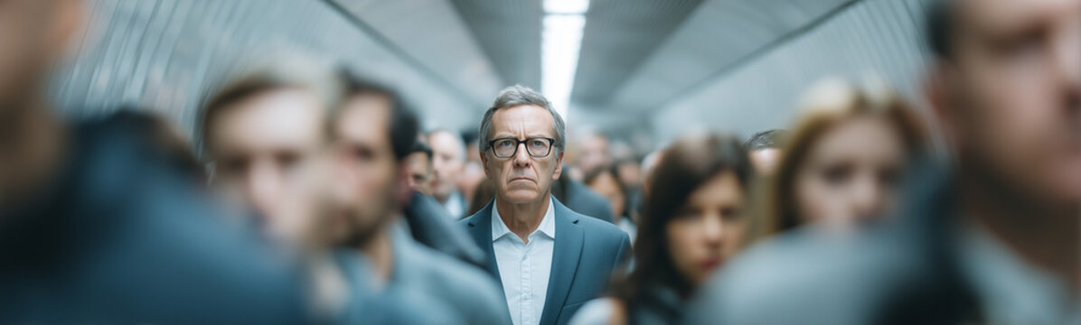 Navigating the Commotion: A focused individual navigates the bustling urban crowd, a beacon of composure amidst the sea of anonymous faces. 