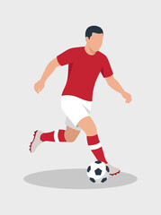 Obraz premium Minimalist flat vector illustration of a male soccer player dribbling a ball, faceless character, wearing red jersey with white shorts and striped socks