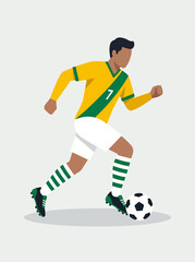 Obraz premium Minimalist flat vector illustration of a male soccer player dribbling a ball, faceless character, wearing red jersey with white shorts and striped socks