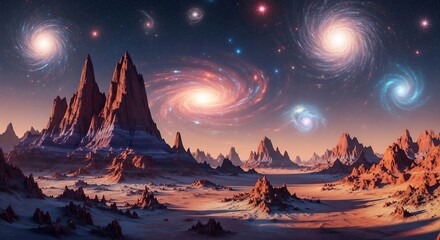 Cosmic landscape with spiraling galaxies