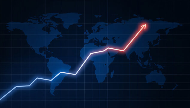 世界地図と上昇線でインフレ圧力を示した経済報道向けの背景画像