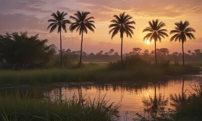 Obraz premium Palm trees and reeds along Pantanal Riverbank at Dusk, dusk, riverbank