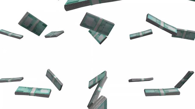 Somalia Money, Somali Shilling Banknotes Falling, SOS Currency Stacks, White Background, 4K