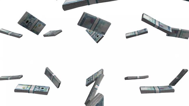 Philippines Money, Philippine Peso Banknotes Falling, PHP Currency Stacks, White Background, 4K