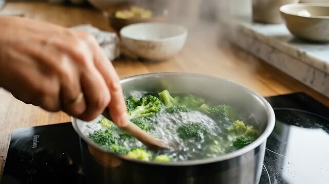 Close-up of a pair of skilled hands gently stirring a steaming pot of vibrant green broccoli florets on a modern kitchen hob, wisps of aromatic steam curling upward from the bubbling water, fresh