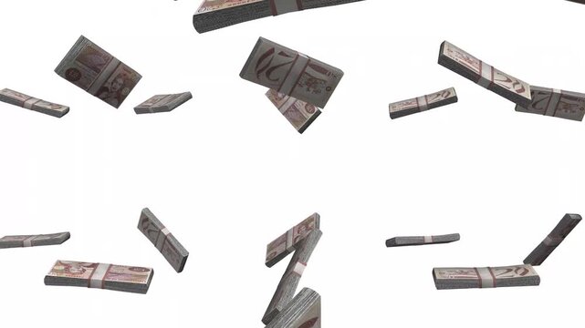 Saint Helena Money, Saint Helena Pound Banknotes Falling, SHP Currency Stacks, White Background, 4K