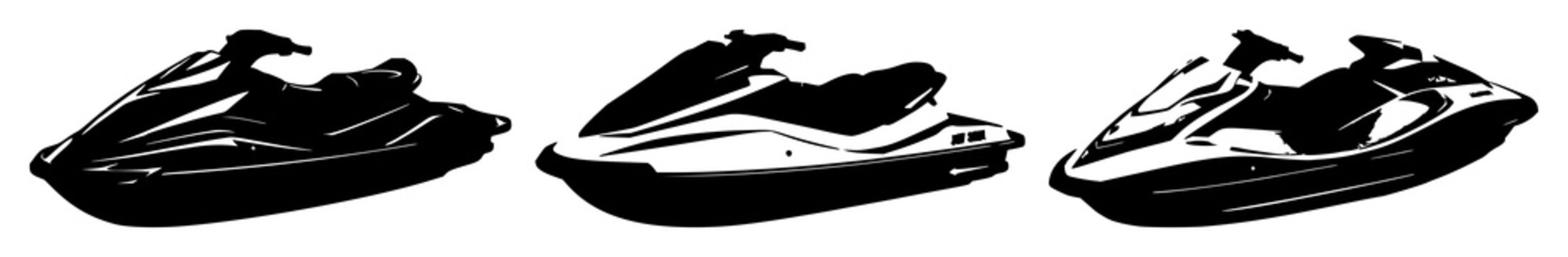 Jet ski set with black silhouette and simple design featuring personal watercraft, water sport, recreation with vehicle and transportation on a clean background