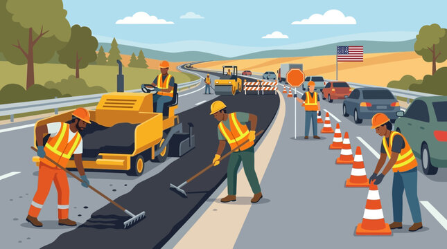 Road Construction Crew Paving Highway with Asphalt Illustration