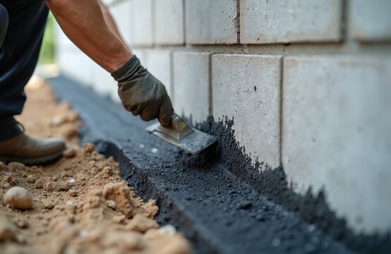 Worker applies black bitumen coating to exterior wall base during home construction. Hand with glove uses trowel to spread tar for damp proofing. Work on site protects foundation.
