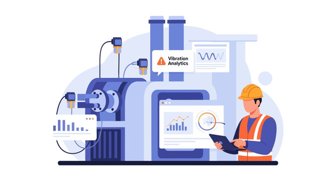 An engineer performs predictive maintenance with computer monitoring on industrial machine equipment, illustrated in a flat vector design with analytic data displays against a clean white