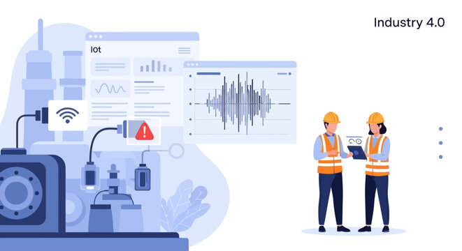 Illustrated vector of engineers in vests analyzing machine performance graphs on a tablet in a modern factory, showcasing predictive maintenance technology with a clean, minimalist design