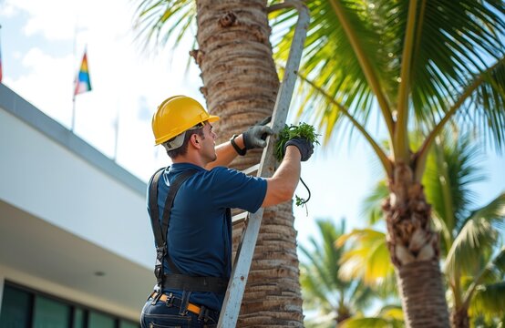 Man in yellow helmet climbs ladder to trim palm tree branches. Gardener wears safety harness doing outdoor maintenance work. Blue sky background with green foliage.