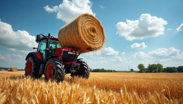 Red tractor hauls large round hay bale across golden wheat field under blue sky with fluffy clouds. Agricultural machinery works during summer harvest season.