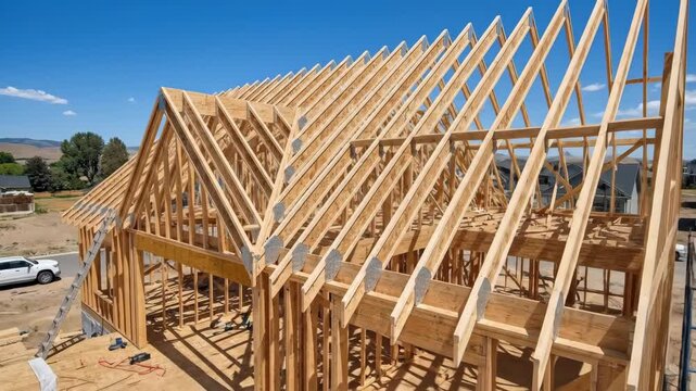 A clean timber-framed new house structure rising from its foundation, precision-cut dimensional lumber forming perfectly plumb walls and angled roof trusses against a clear blue sky, metal hurricane