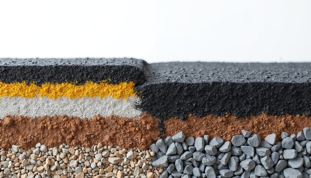 Cross section of road construction showing asphalt bitumen concrete and ground layers. Soil gravel stone and sand materials create pavement subbase. Urban infrastructure detail.