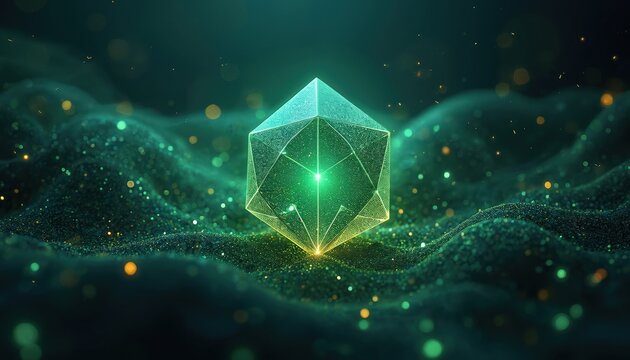 Abstract geometric shape glows with inner light amid swirling green particles. Data streams flow creating ethereal network. Futuristic technology concepts visualized.