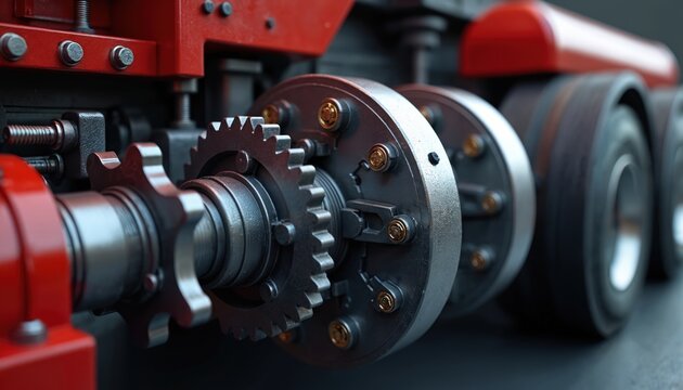 Close-up mechanical view of heavy truck rear axle system. Shiny metal gears and bolts on red industrial machinery. Automotive transport part detail.