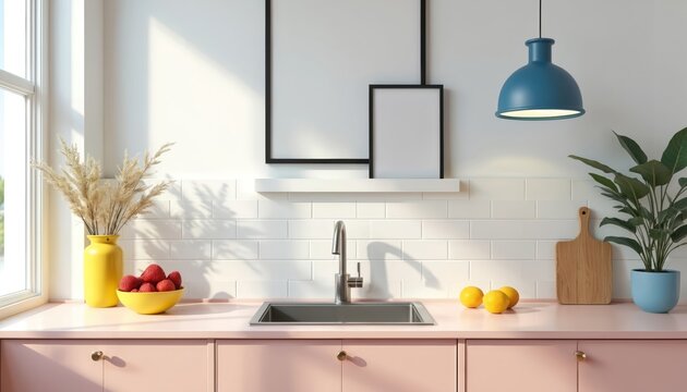 Modern kitchen with pink cabinets, stainless steel sink, and white tile backsplash. Yellow vase with dried flowers, strawberries in bowl, and lemons on counter.