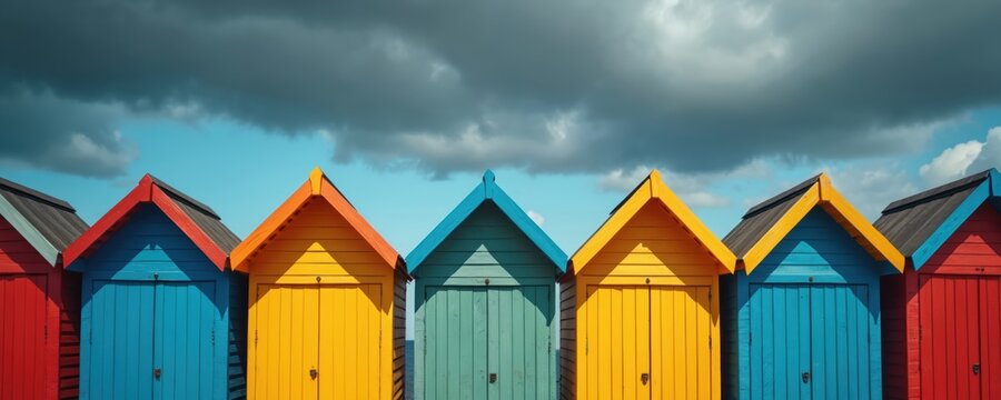 Row of colorful beach huts with pointed roofs line up against a blue sky and dark clouds. Vivid, playful geometric structures create a cheerful, symmetrical seaside scene with bright painted facades.