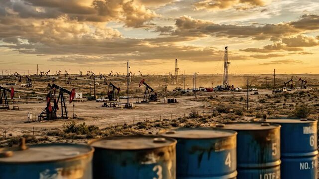 A row of weathered blue steel oil storage barrels standing prominently in the foreground, their cylindrical forms showing patina and industrial markings, pumpjack oil wells rhythmically nodding on an
