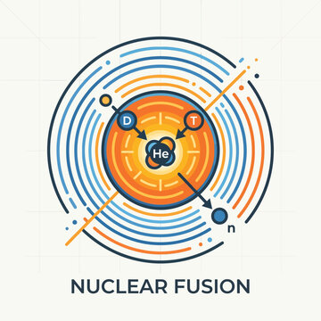 Flat minimal icon of nuclear fission with split atom and energy lines