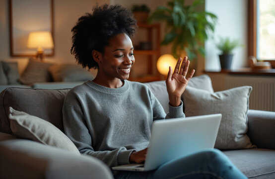 Smiling Black woman waves hello on video call. Young adult woman uses laptop on couch. Online communication, remote work, virtual meeting, telehealth session.
