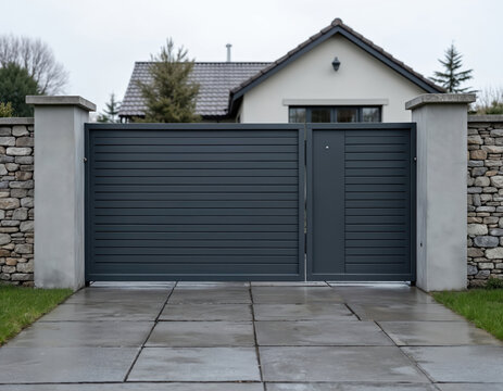 Modern sliding gate for country house entrance. Dual toned grey metal panels offer privacy and security. Stone walls and concrete pillars frame modern automated driveway access.
