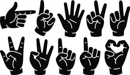 Fototapeta premium Black hand gestures icons showing various signals and counting symbols.