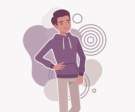 Confident young man in a purple hoodie standing with a hand on his hip against a soft abstract background. Professional flat vector illustration for modern lifestyle and educational web design project