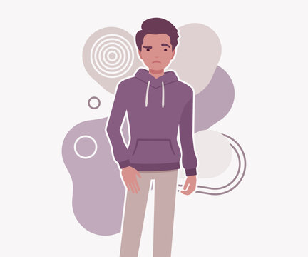 A sad young man with a worried expression stands against an abstract background of shapes and circles. High quality flat vector character illustration for psychological health and mental health topics