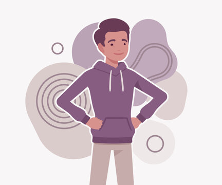 A proud young man stands with both hands on his hips against a soft abstract background. Professional flat vector character illustration for modern lifestyle, leadership, and personal motivation goals