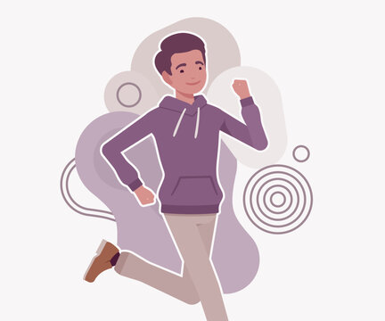 An energetic young man runs forward with a joyful expression against a modern abstract background. High quality flat vector illustration of active lifestyle, morning exercise, and wellness for the web