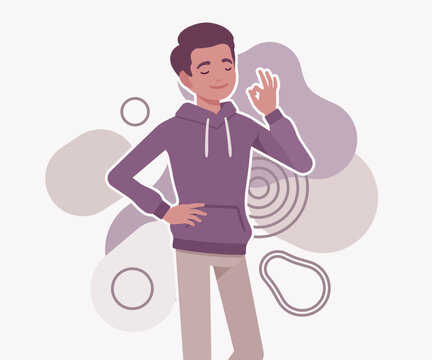 Confident young man showing an okay hand gesture with a peaceful smile and closed eyes in satisfaction. High quality flat vector illustration for feedback, approval, and success themed project artwork