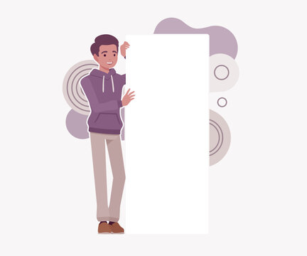 Smiling young man stands behind and holds a large vertical blank white banner for advertisement. High quality flat vector illustration with decorative shapes for business and promo designs background