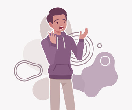 Excited young man with his mouth open and hands raised in a gesture of wow surprise or shock. Professional flat vector illustration for social media reactions and emotional content design marketing