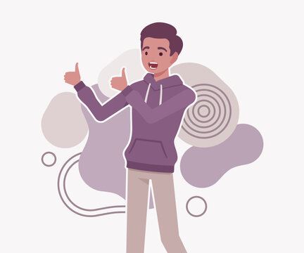 Very happy young man showing double thumbs up gestures in excitement and complete approval of an idea. Professional flat vector illustration for recommendation, like, and positive review theme arts