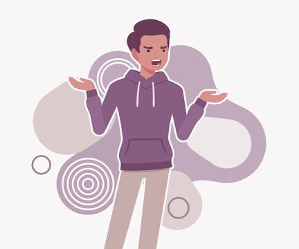 A confused young man shrugging his shoulders and shouting in frustration against abstract shapes. High quality flat vector character illustration for social media and emotional communication themes