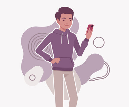 Smiling young man stands holding a smartphone and looking at the screen for mobile apps. Professional flat vector illustration for digital technology, social media, and online communication designs