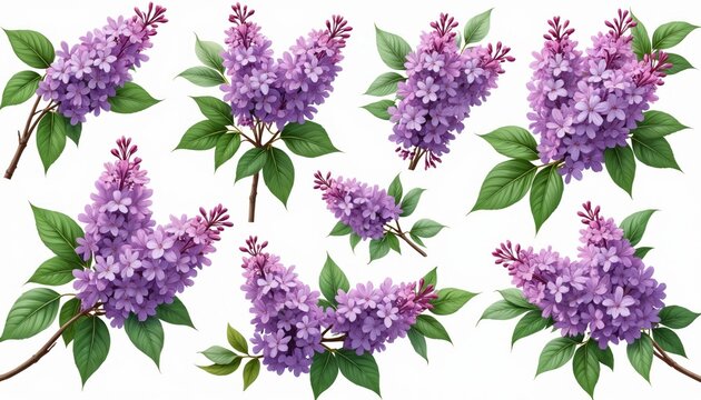 Purple lilac flower clusters with green leaves are arranged on a white background. Delicate blossoms are detailed and vibrant, evoking spring and nature. These floral elements are perfect for design.