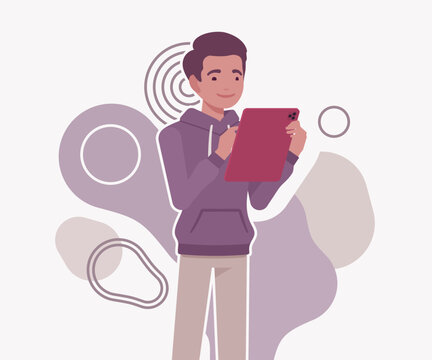 Focused young man standing and using a digital tablet for work or education against abstract shapes. High quality flat vector illustration for remote study, e-learning, and modern technology art usage