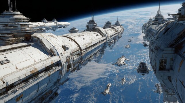 Interstellar Armada: A futuristic armada of interstellar spacecraft, a testament to human innovation, drifts serenely above the vast expanse of planet earth.