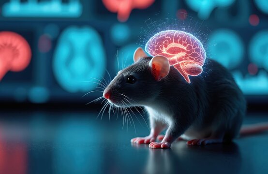 Small grey rat with glowing digital brain overlay. Futuristic lab setting with blurred brain scans on display. Animal subject used for advanced neurological research and scientific study.