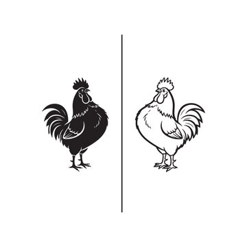 Black and white rooster illustrations side by side on white background