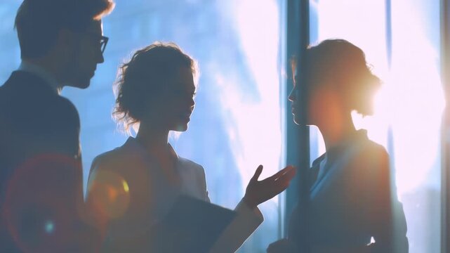 Two professionals converse in a sunlit, modern office by a large window; silhouettes, warm backlight, suggesting teamwork, collaboration and creative business dialogue