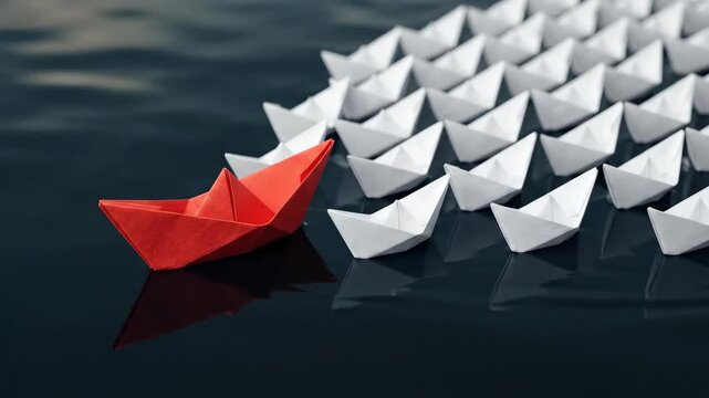 Single crisp red origami paper boat leading a flotilla of white paper boats on a dark reflective surface, bold red leader standing out from the monochrome fleet, leadership and competitive advantage